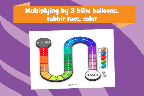 Multiplying by 3 b&w balloons, rabbit race, color